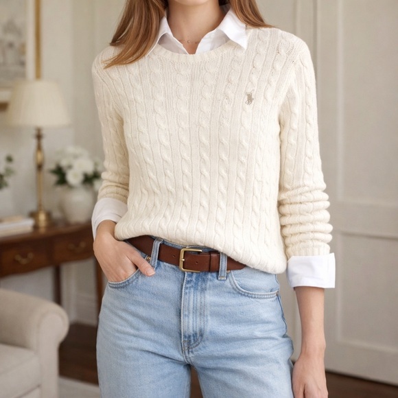 Ralph Lauren Sweaters - Ralph Lauren Cable Knit Sweater Cream Cotton Preppy Classic Logo Quiet Luxury L